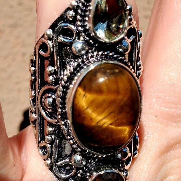 New Tiger Eye & White Topaz 925 Silver Statement Ring. - Picture 8 of 12